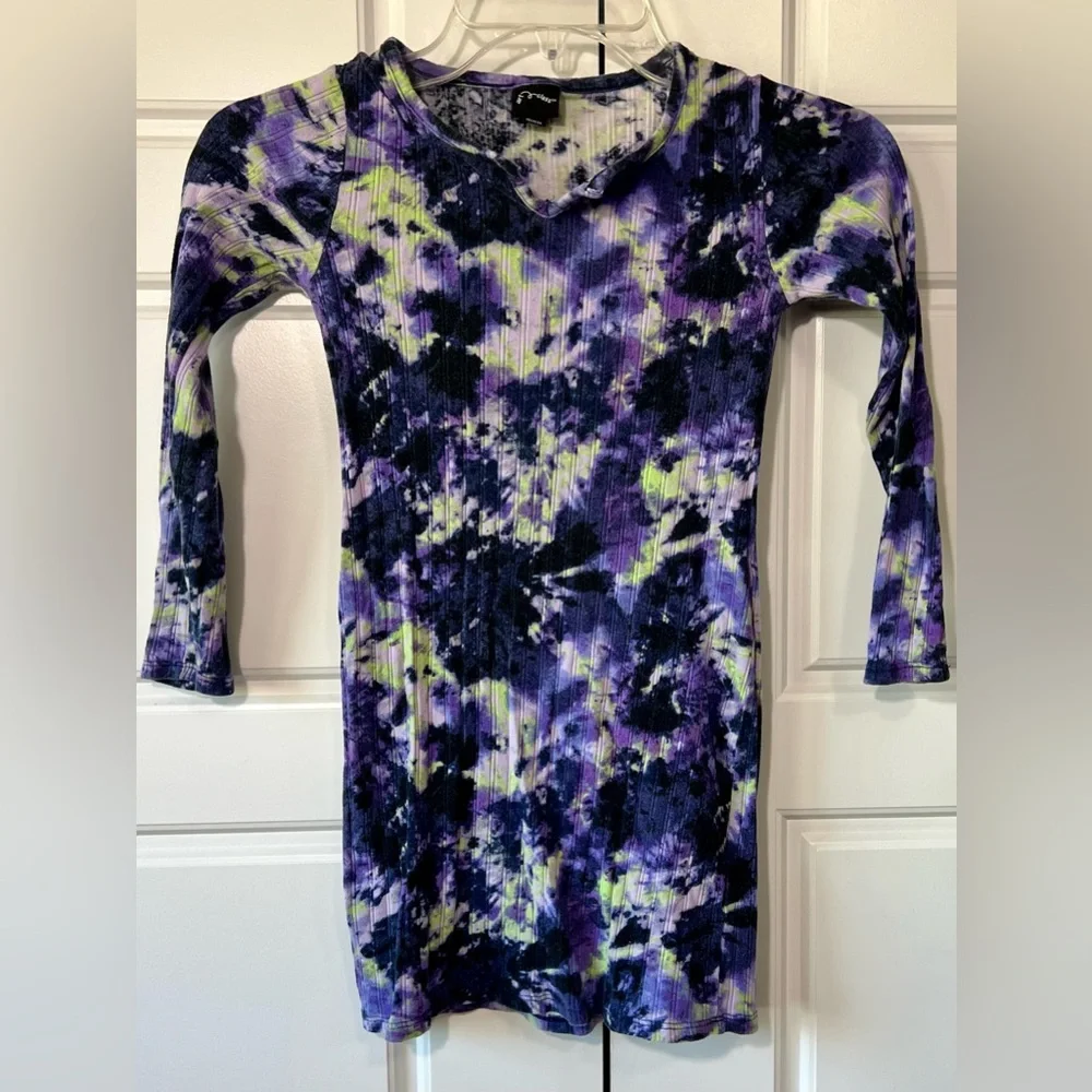 Art Class Bodycon Dress Ribbed Purple Tie Dye Long Sleeve Mini Size S 6/6X